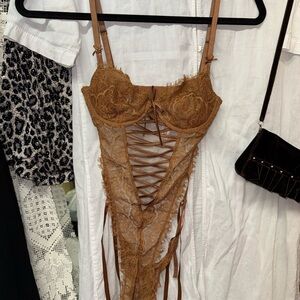 Victoria's Secret | Rust Lace Bodysuit with Ribbon Ties